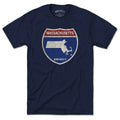 Born Into It Massachusetts Interstate Sign T-Shirt featuring state route signs on a white fabric background.