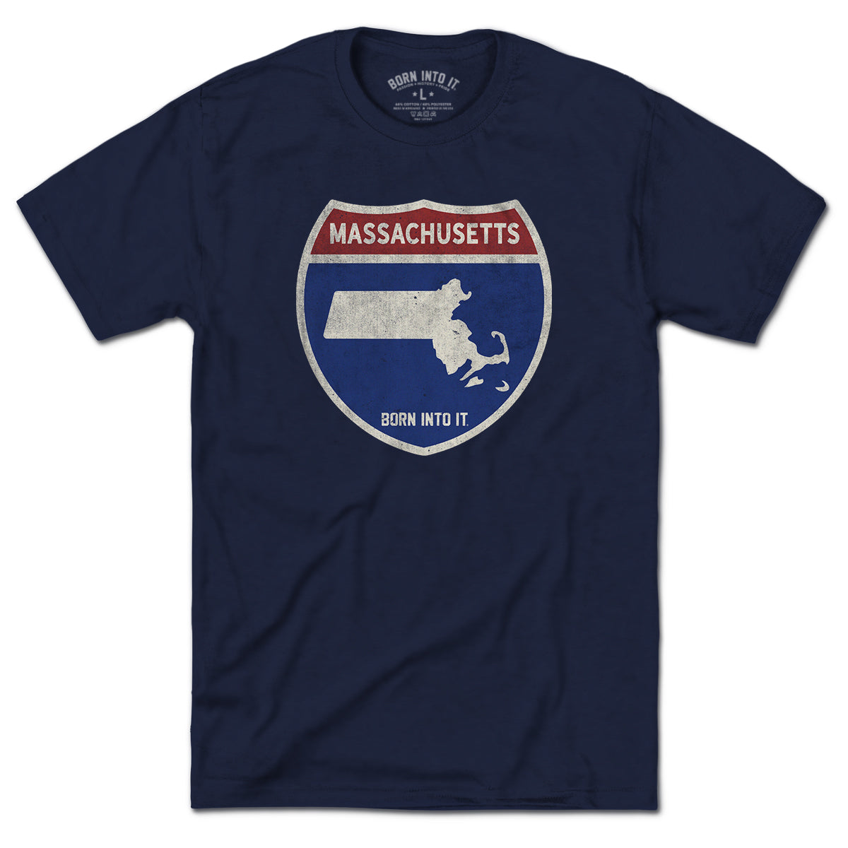 Born Into It Massachusetts Interstate Sign T-Shirt featuring state route signs on a white fabric background.