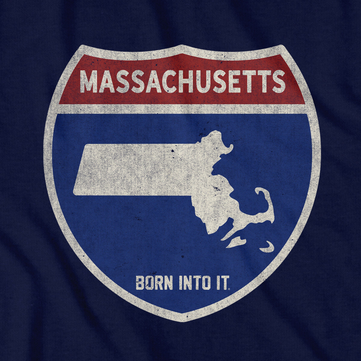 Born Into It Massachusetts Interstate Sign T-Shirt featuring a front view of the iconic highway sign in vibrant colors.