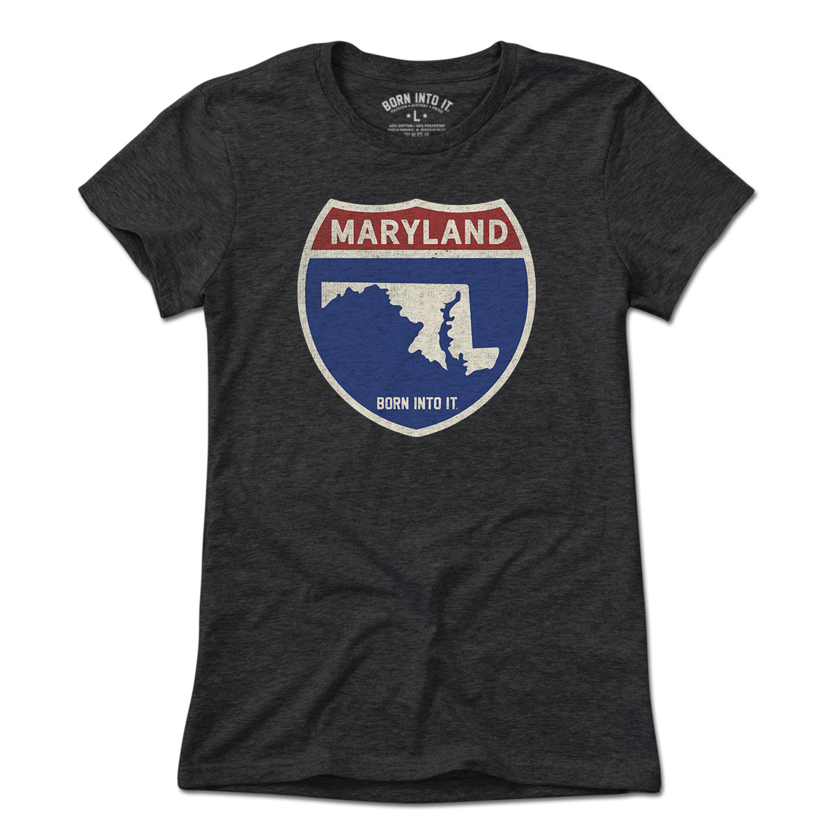 Born Into It Maryland Interstate Sign T-Shirt featuring a highway sign design on a light-colored fabric.
