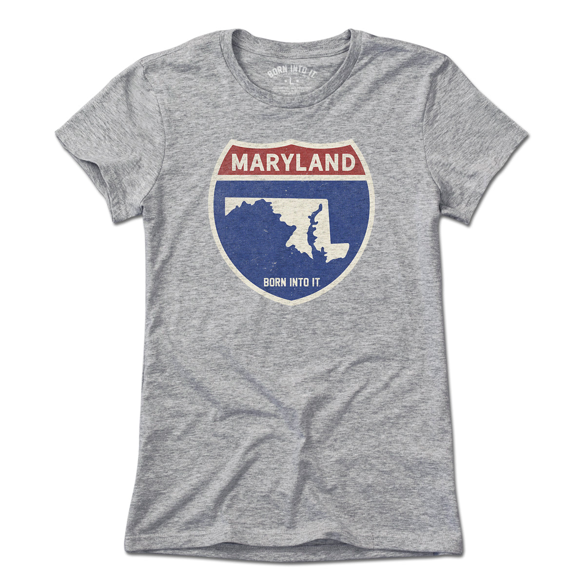 Born Into It Maryland Interstate Sign T-Shirt in gray featuring interstate highway design on a flat front view.