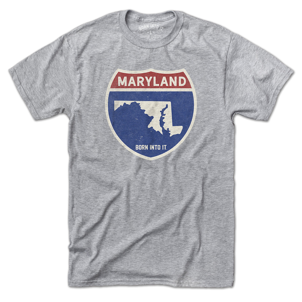 Gray Maryland Interstate Sign T-Shirt by Born Into It featuring a highway sign graphic on the front.