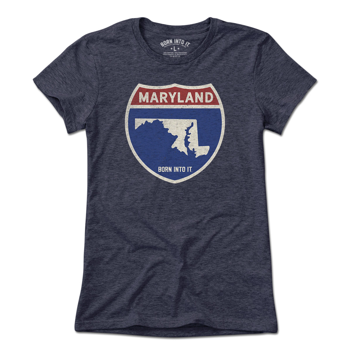 Light blue Maryland Interstate Sign T-Shirt by Born Into It, featuring a classic interstate highway graphic on the front.
