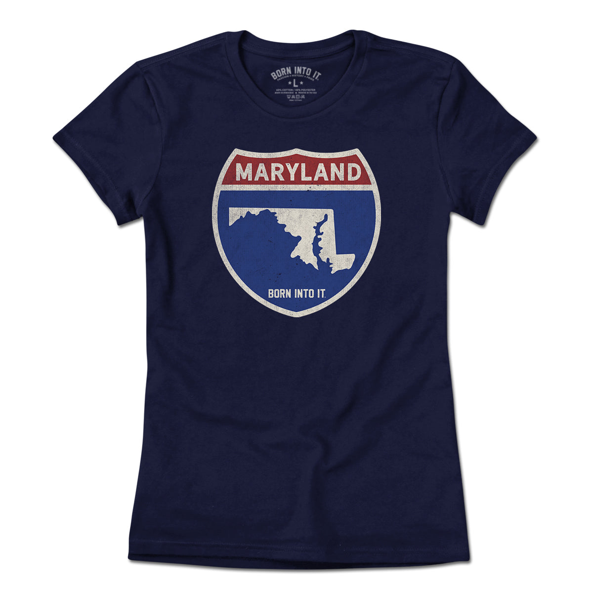 Born Into It Maryland Interstate Sign T-Shirt featuring a map and highway design in a casual style.