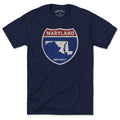 Born Into It Maryland Interstate Sign T-Shirt featuring a colorful route map design on a casual cotton tee.
