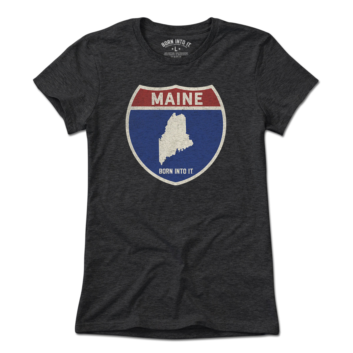Born Into It Maine Interstate Sign T-Shirt, light color, featuring a highway sign graphic on soft cotton T-shirt.