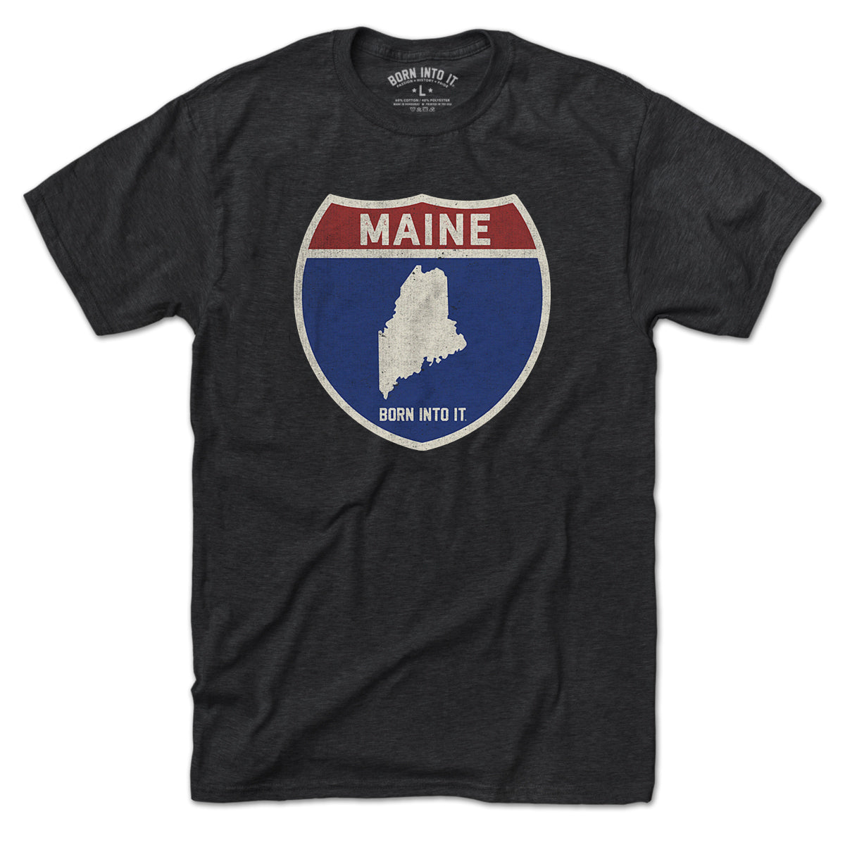 Born Into It Maine Interstate Sign T-Shirt featuring a graphic print of the Maine interstate highway on a casual T-shirt.