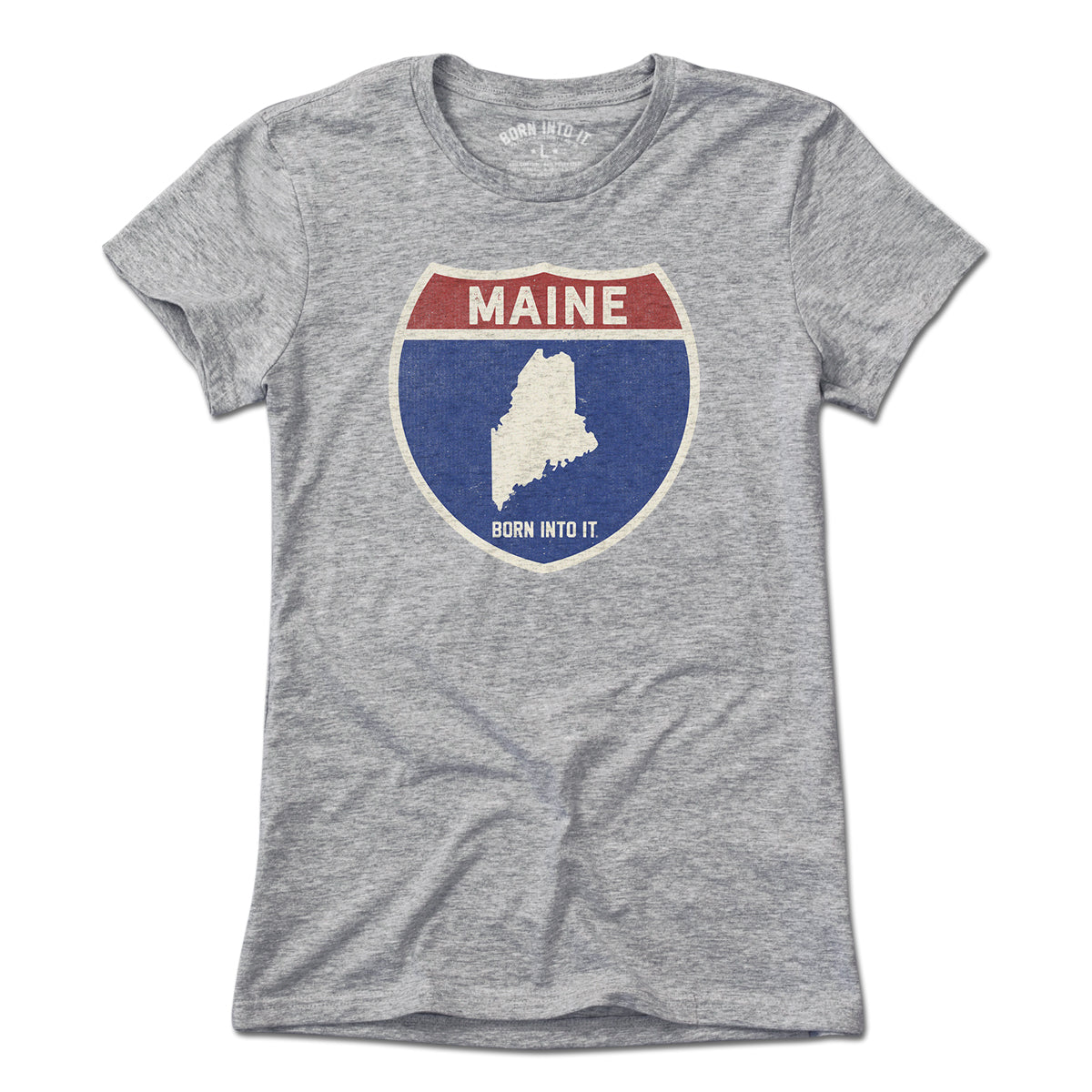 Born Into It Maine Interstate Sign T-Shirt in gray, featuring a highway sign design, casual fit, and comfortable fabric.