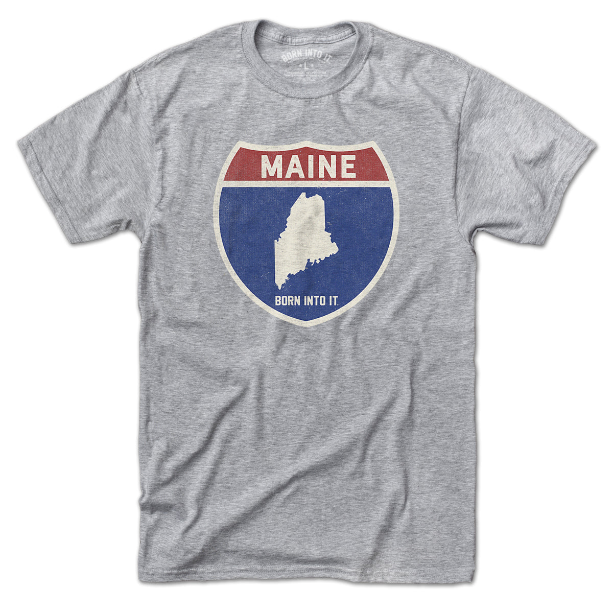 Gray Maine Interstate Sign T-Shirt by Born Into It, featuring a printed interstate highway graphic on the front.