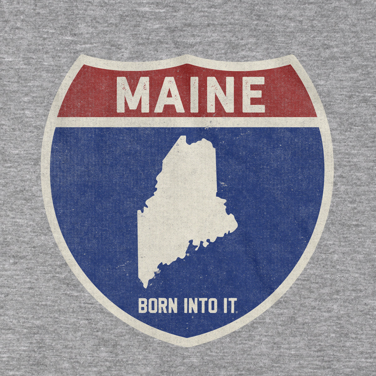 Gray Maine Interstate Sign T-Shirt by Born Into It featuring a colorful highway sign graphic on soft cotton fabric.