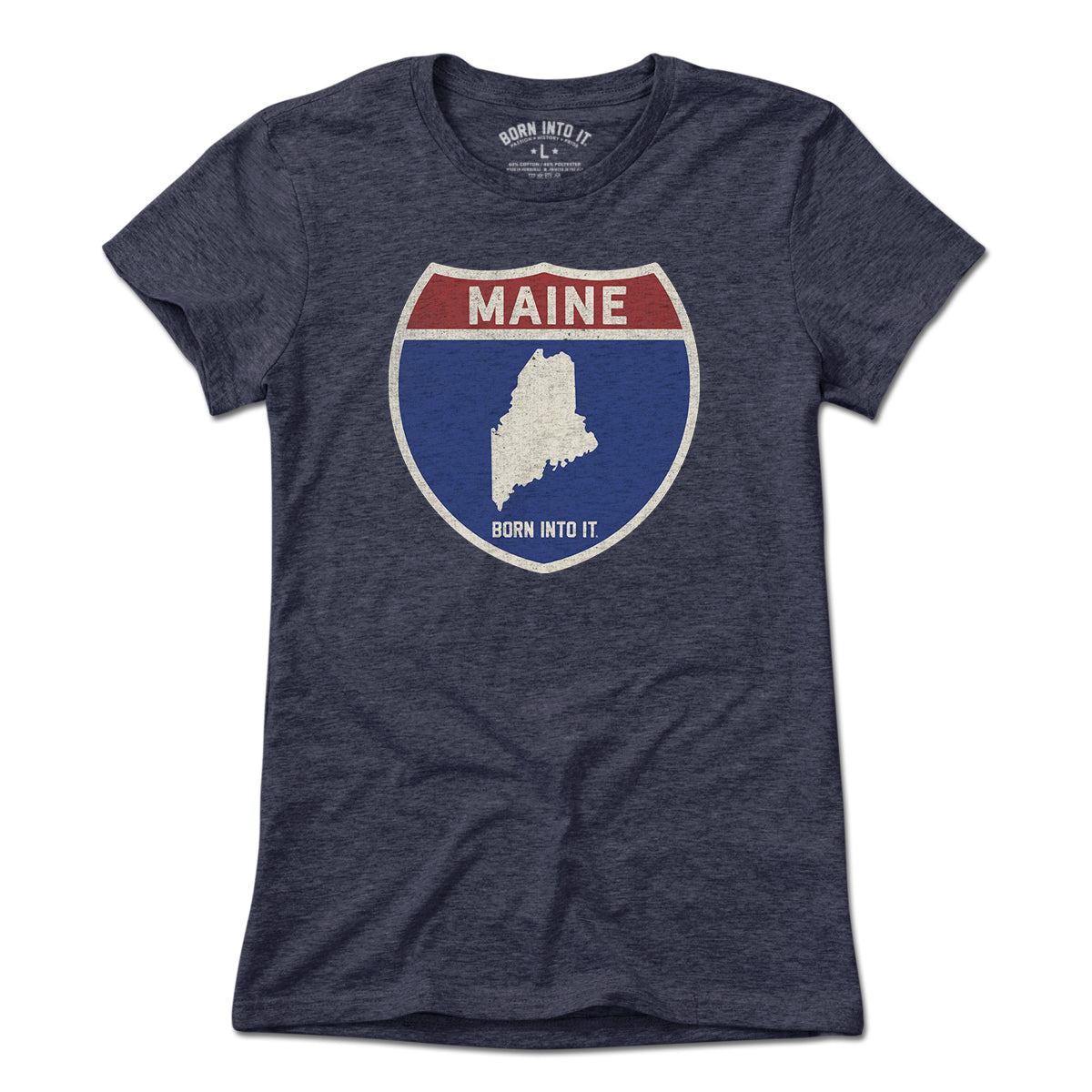 Born Into It Maine Interstate Sign T-Shirt featuring a printed highway sign design on a light-colored cotton tee.