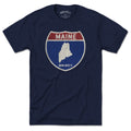 Born Into It Maine Interstate Sign T-Shirt featuring colorful interstate highway graphics on a casual t-shirt.