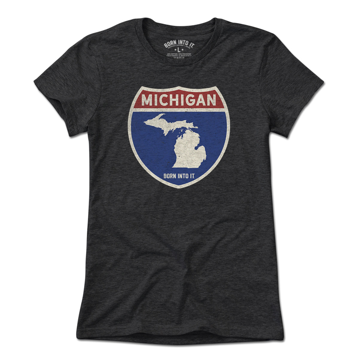 Born Into It Michigan Interstate Sign T-Shirt shown flat, featuring a vintage-style Michigan highway sign graphic.
