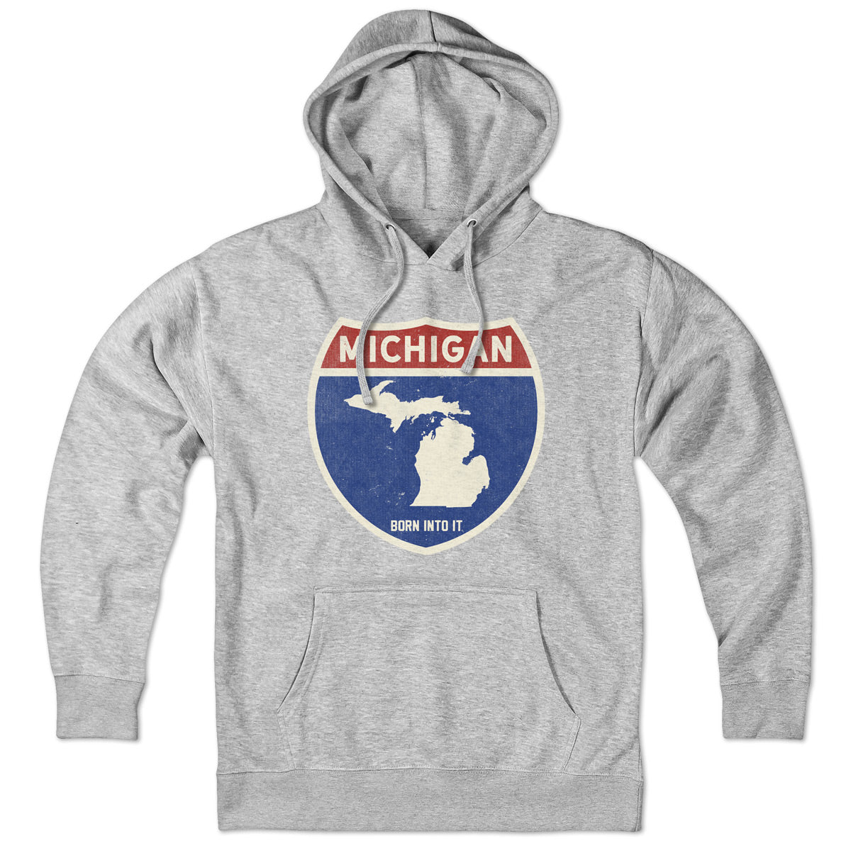 Born Into It Michigan Interstate Sign hoodie sweatshirt in gray, featuring a detailed interstate highway graphic design.