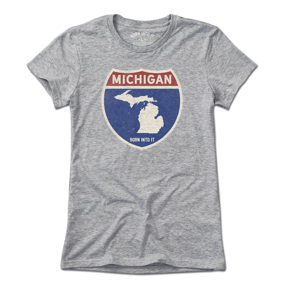 Light gray Michigan Interstate Sign T-Shirt by Born Into It featuring a road sign graphic on the front.