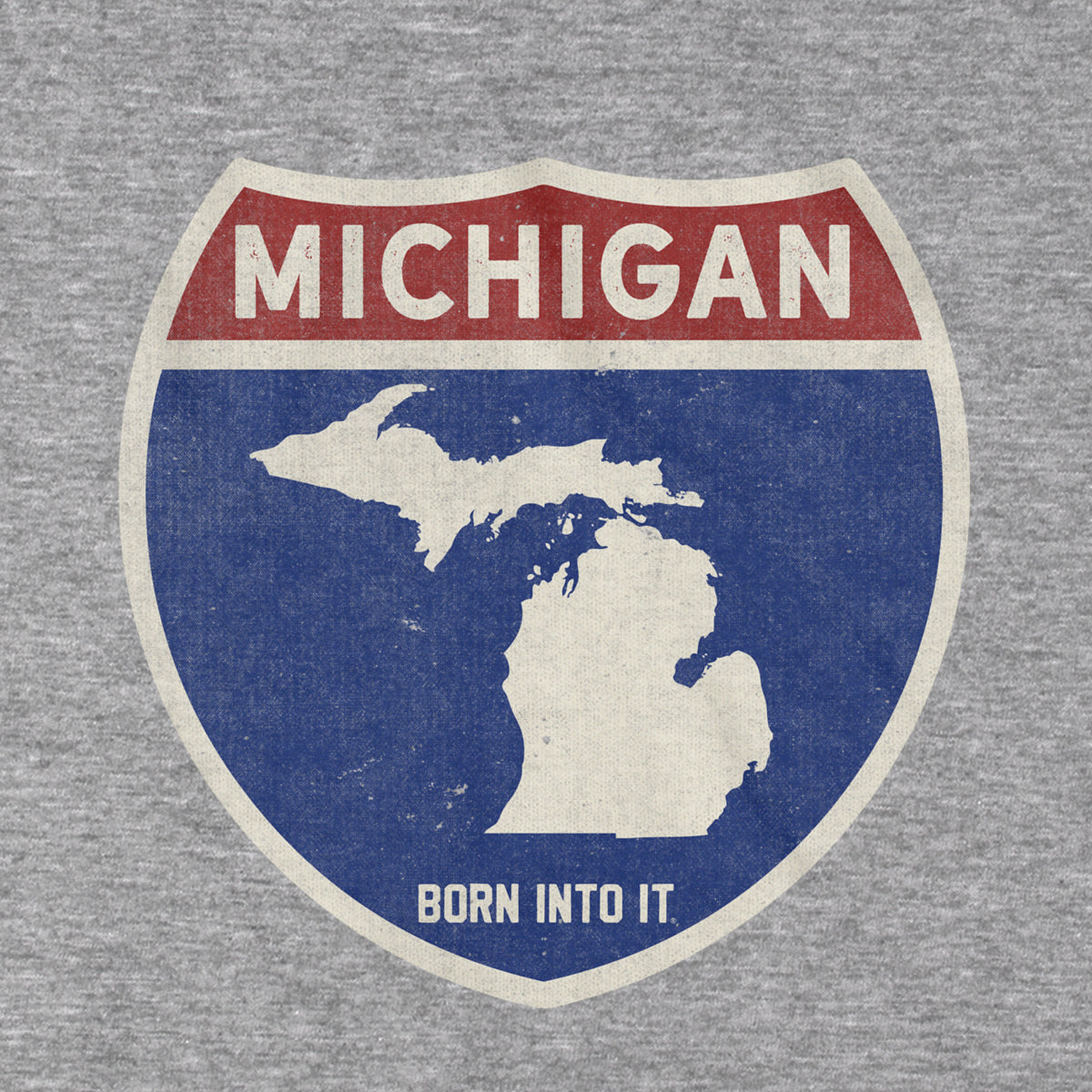 Gray Michigan Interstate Sign T-Shirt by Born Into It featuring a highway sign graphic on soft cotton fabric.