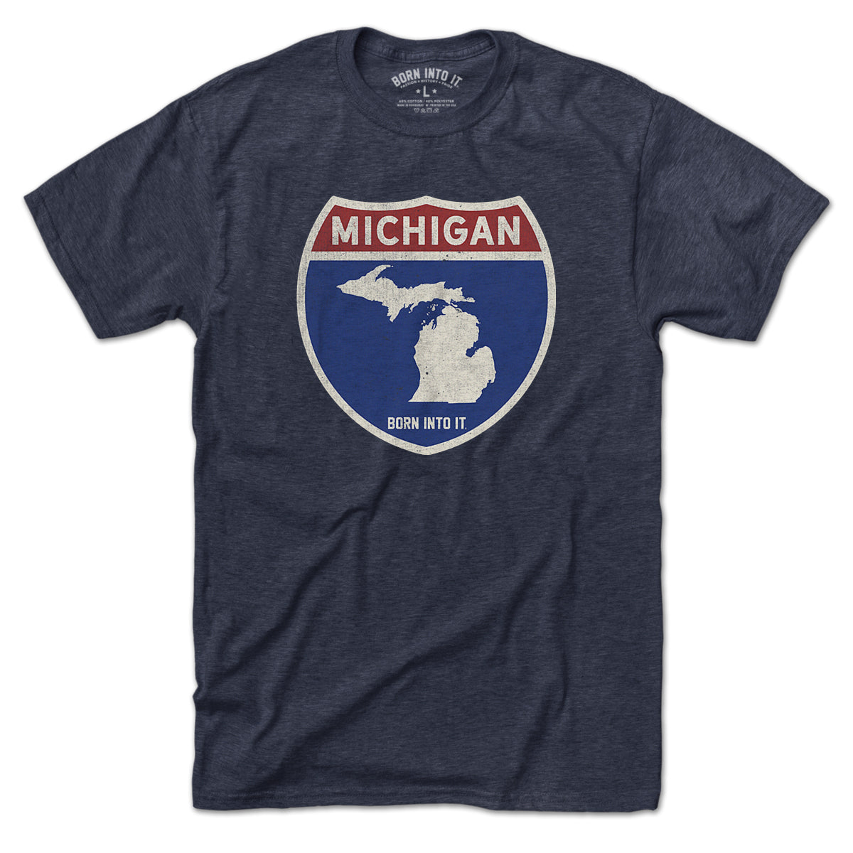 Born Into It Michigan Interstate Sign T-Shirt featuring a graphic of the interstate route on a casual black T-shirt.