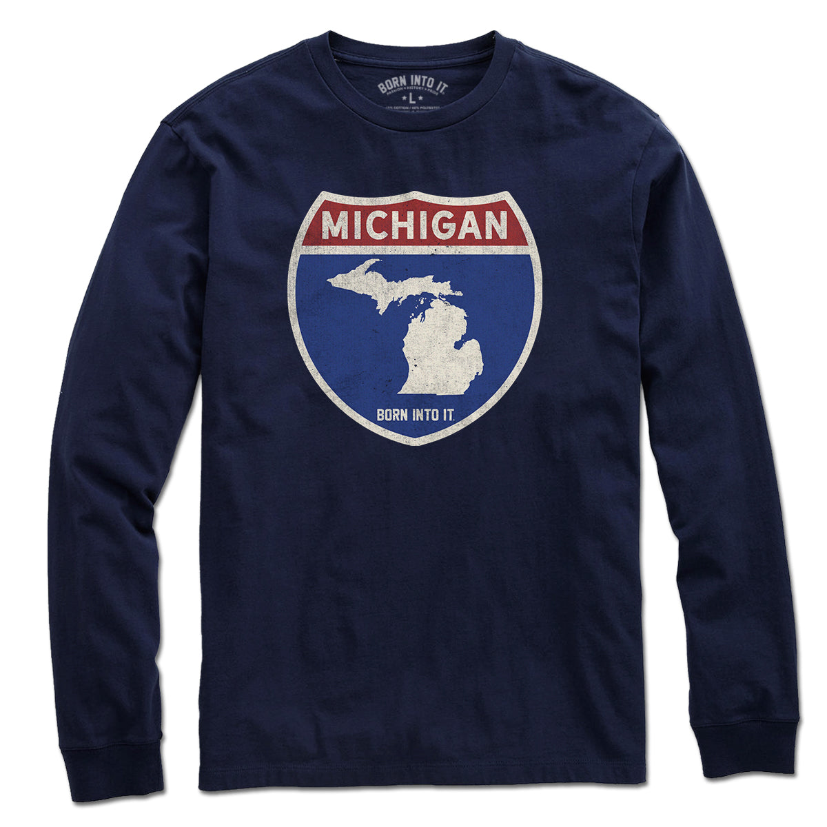 Born Into It Michigan Interstate Sign T-Shirt featuring a graphic of Michigan interstate highway signs on a flat-lay image.