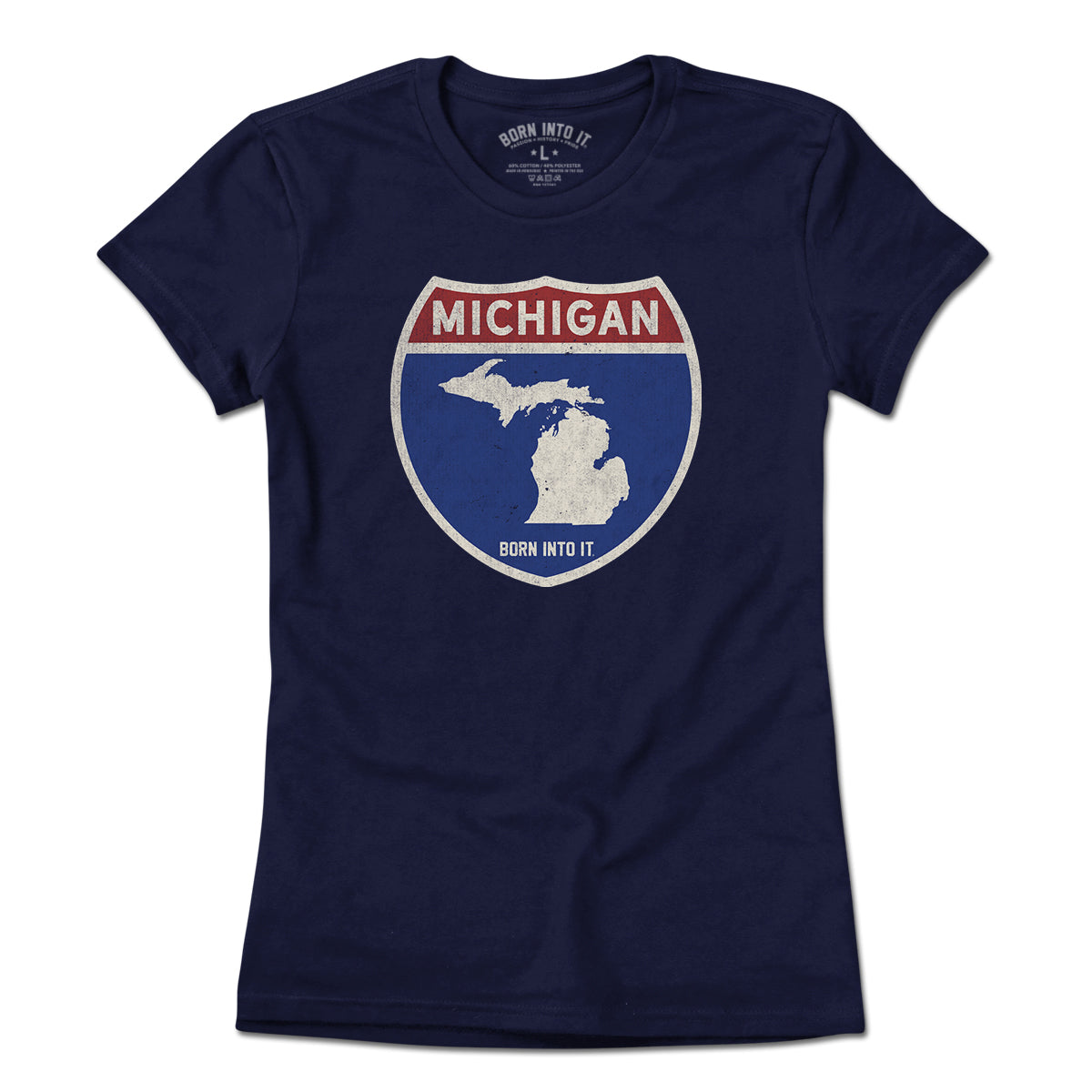 Born Into It Michigan Interstate Sign T-Shirt featuring a street sign design on a light-colored fabric.
