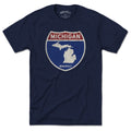 Born Into It Michigan interstate sign T-shirt featuring colorful interstate route graphics and bold city labels.
