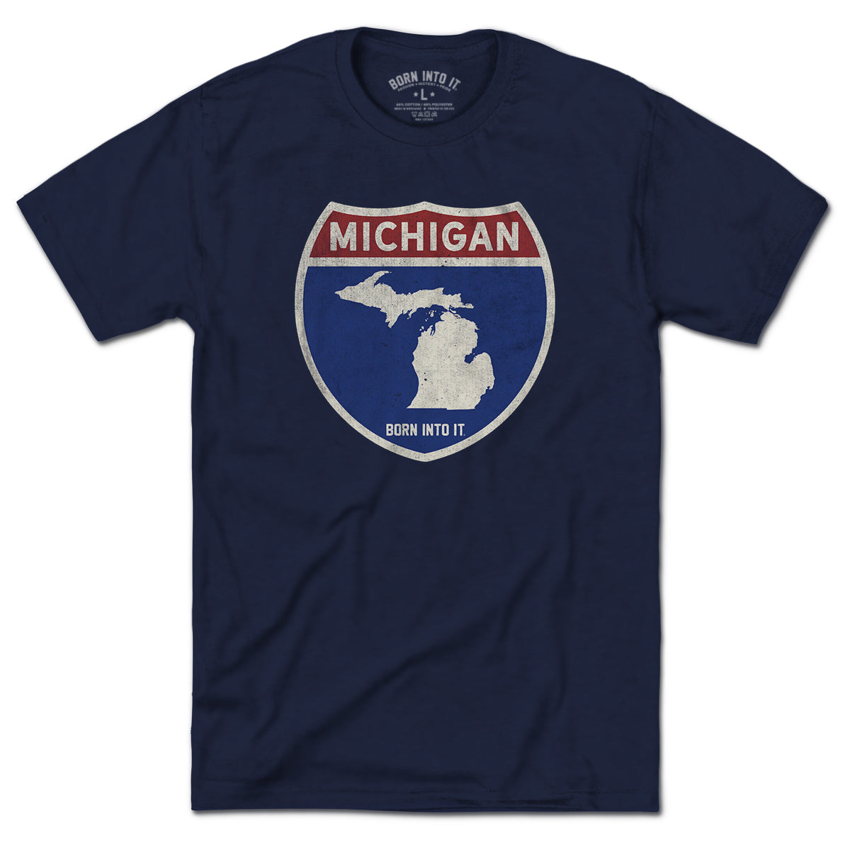 Born Into It Michigan interstate sign T-shirt featuring colorful interstate route graphics and bold city labels.