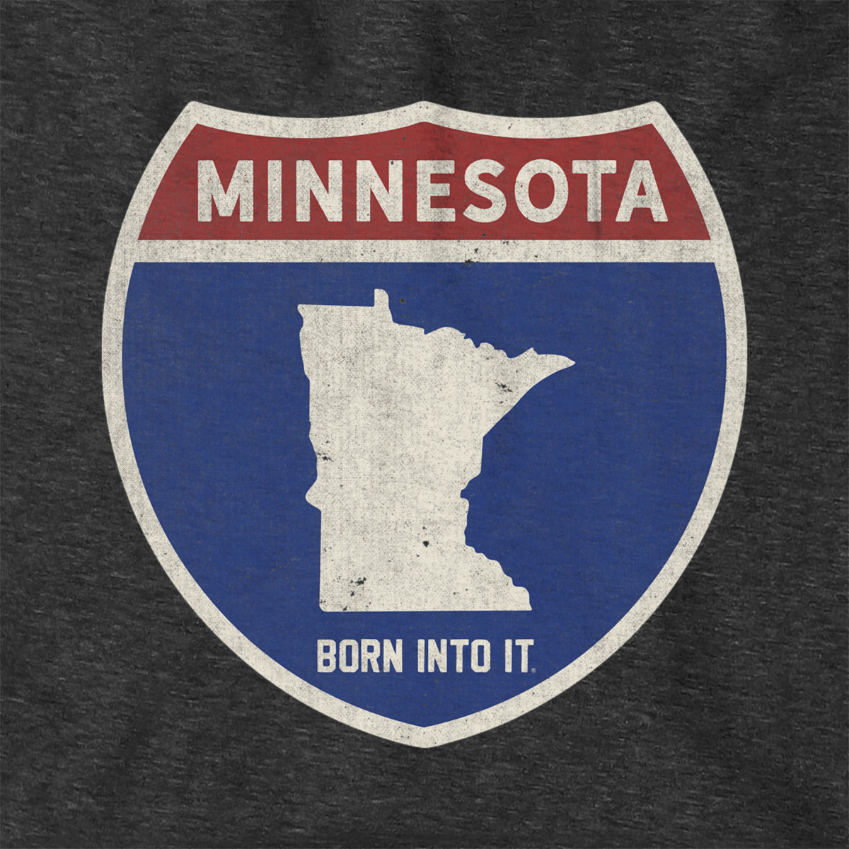 Born Into It Minnesota Interstate Sign hoodie sweatshirt with Minnesota map and interstate graphics, comfortable casual wear.