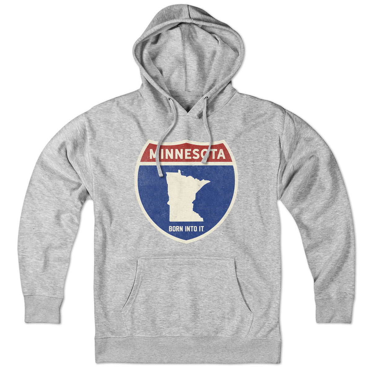 Gray Minnesota Interstate Sign hoodie by Born Into It, featuring a comfortable sweatshirt with interstate highway graphic.