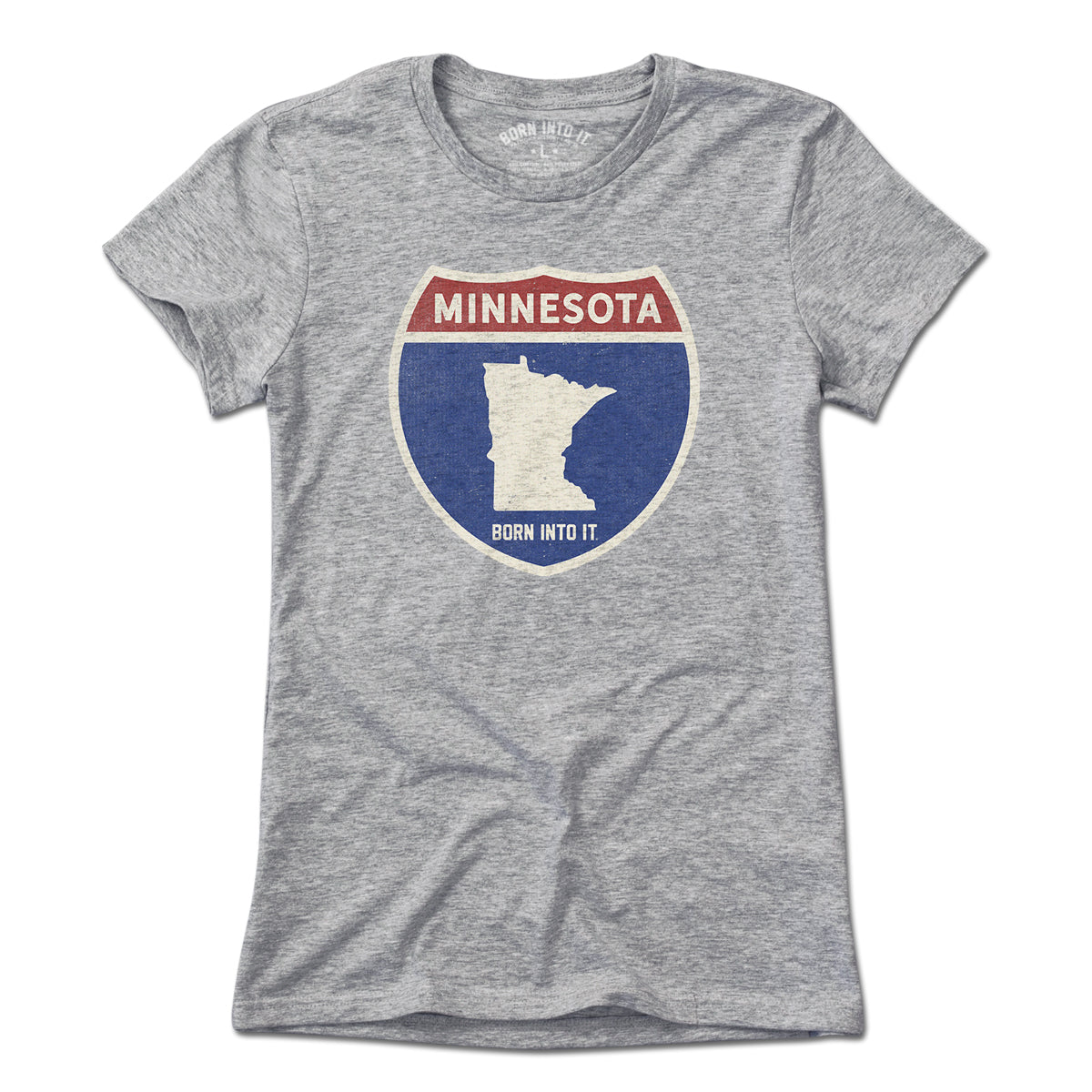 Light gray Minnesota Interstate Sign T-Shirt by Born Into It, featuring a detailed interstate highway graphic on the front.