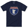 Born Into It Minnesota Interstate Sign T-Shirt featuring a colorful map design of Minnesota, New York, and Utah on a casual tee.