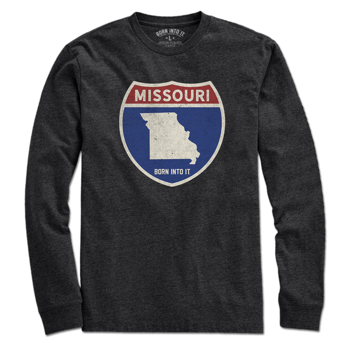 Born Into It Missouri Interstate Sign T-Shirt featuring a graphic of a highway interstate sign on soft fabric.