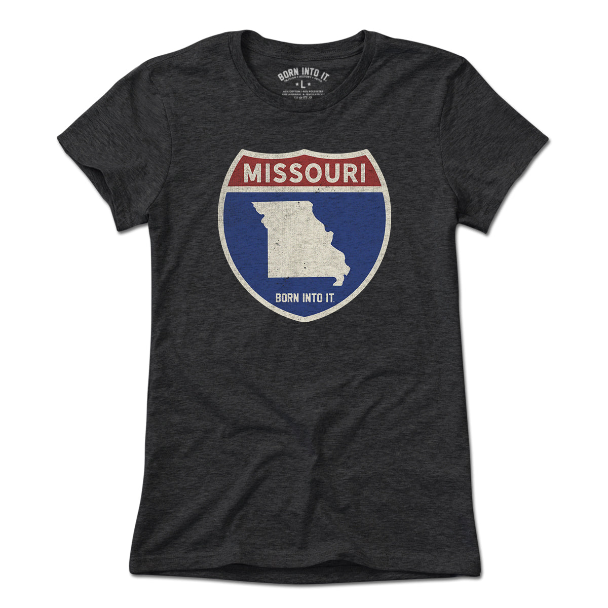 Born Into It Missouri Interstate Sign T-Shirt showing a graphic of the interstate sign on a light-colored fabric.