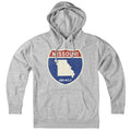 Born Into It Missouri Interstate Sign hoodie sweatshirt in gray, featuring highway sign graphic on soft fabric.
