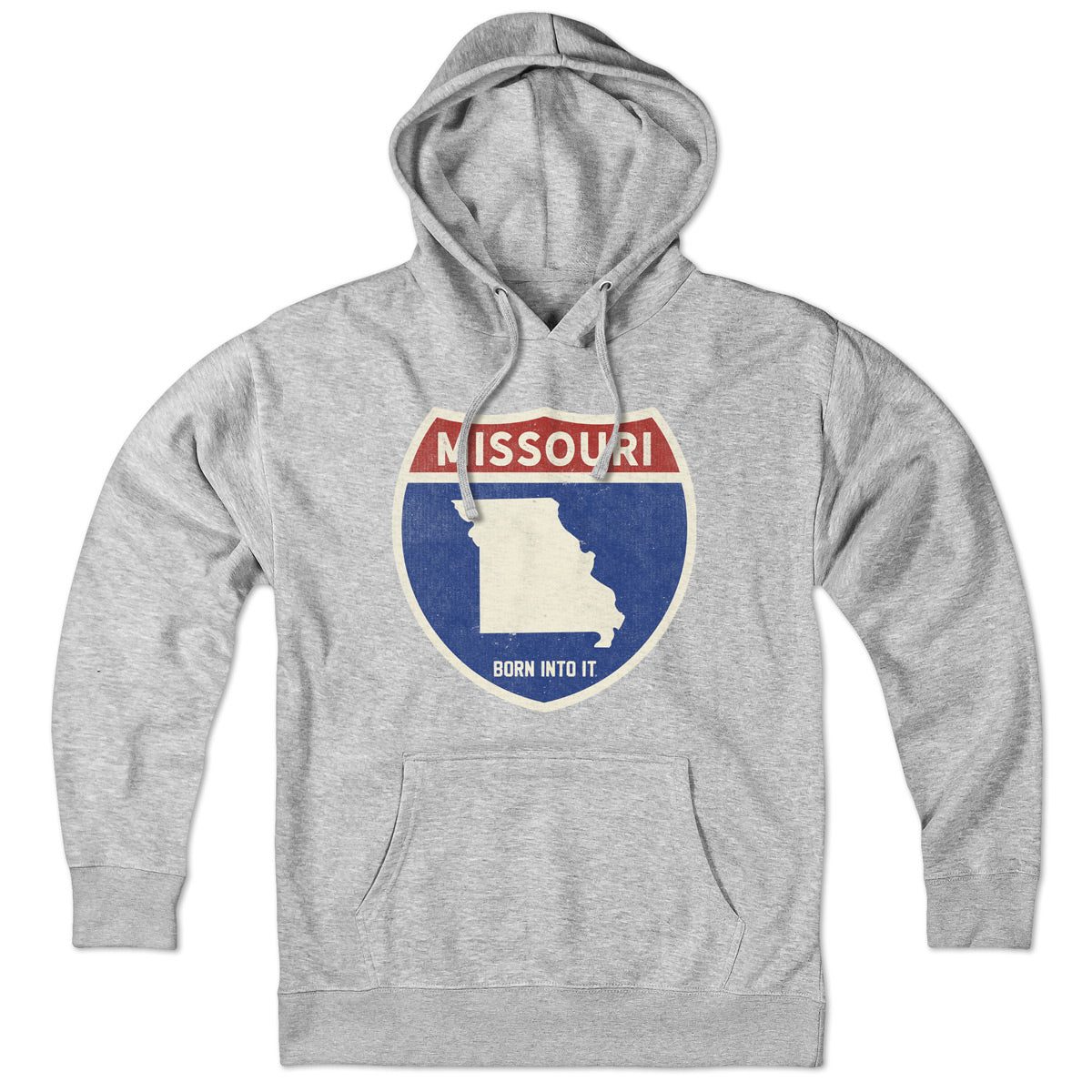 Born Into It Missouri Interstate Sign hoodie sweatshirt in gray, featuring highway sign graphic on soft fabric.