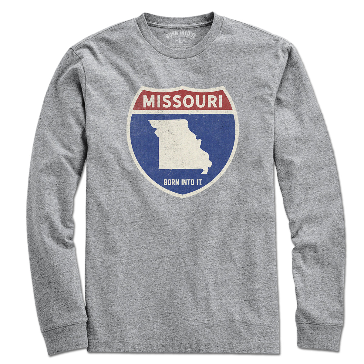 Born Into It Missouri Interstate Sign T-Shirt in gray, featuring a detailed highway sign design on the front.