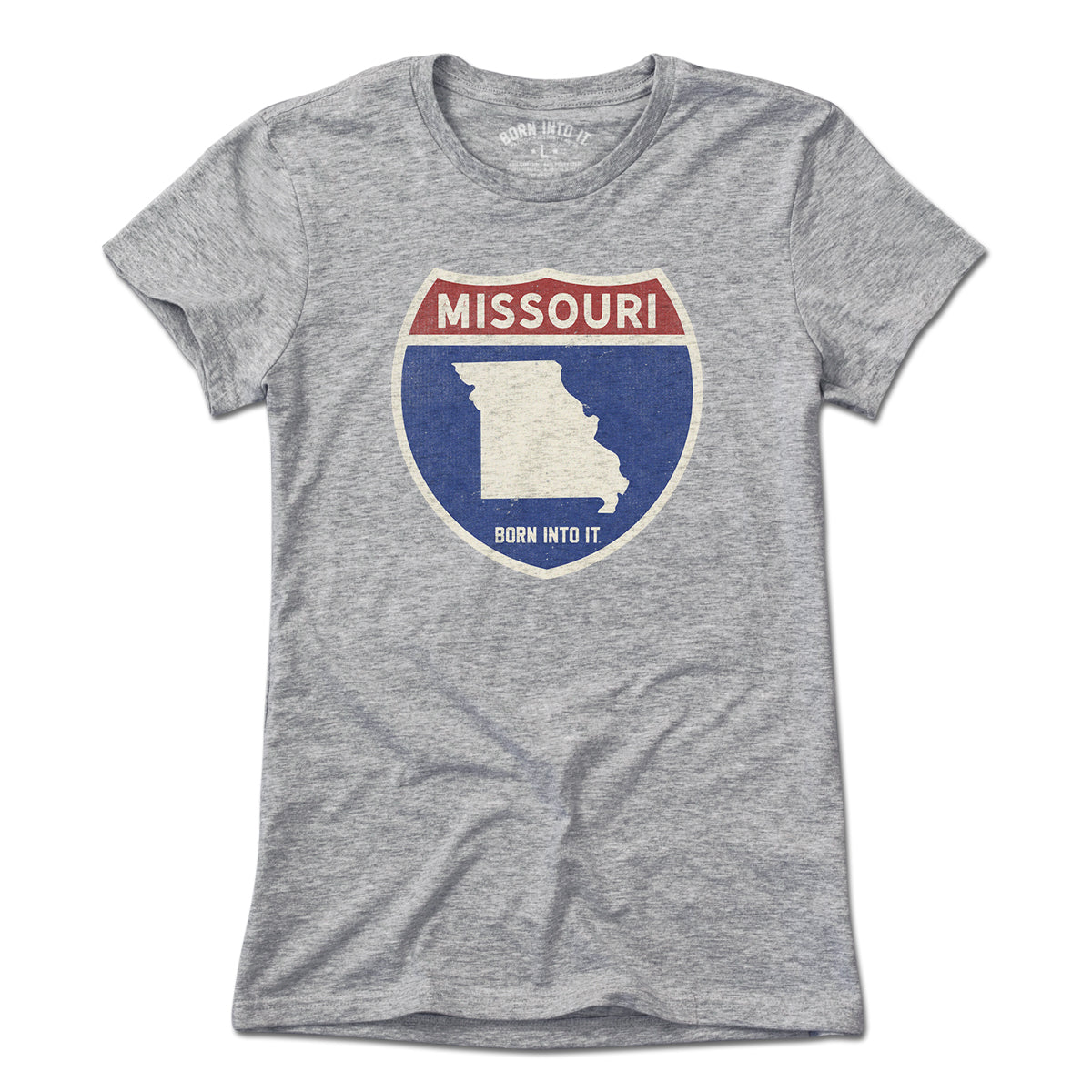 Gray Missouri Interstate Sign T-Shirt by Born Into It, featuring a highway sign graphic on the front.