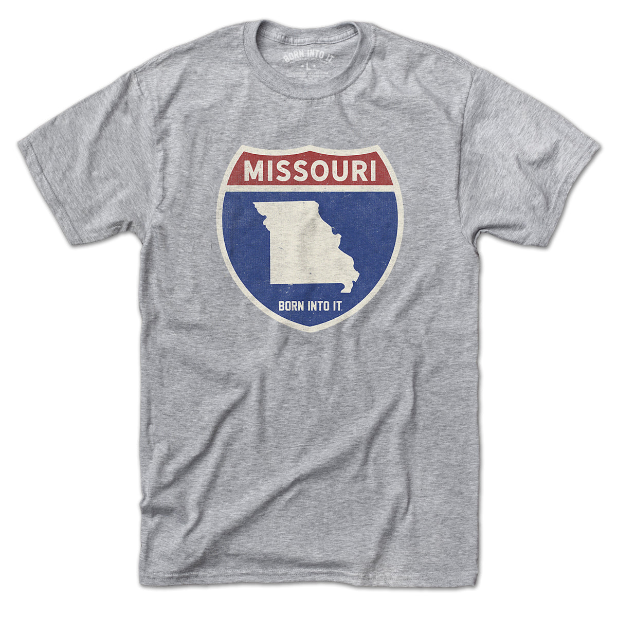 Born Into It Missouri Interstate Sign T-Shirt in gray, featuring a highway graphic on the front, casual and stylish for everyday wear.