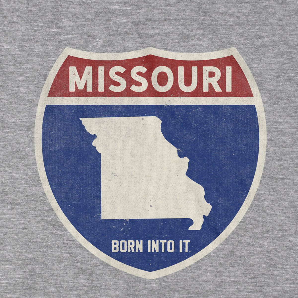 Born Into It Missouri Interstate Sign T-Shirt in gray, featuring a graphic of the Missouri interstate highway for casual wear.