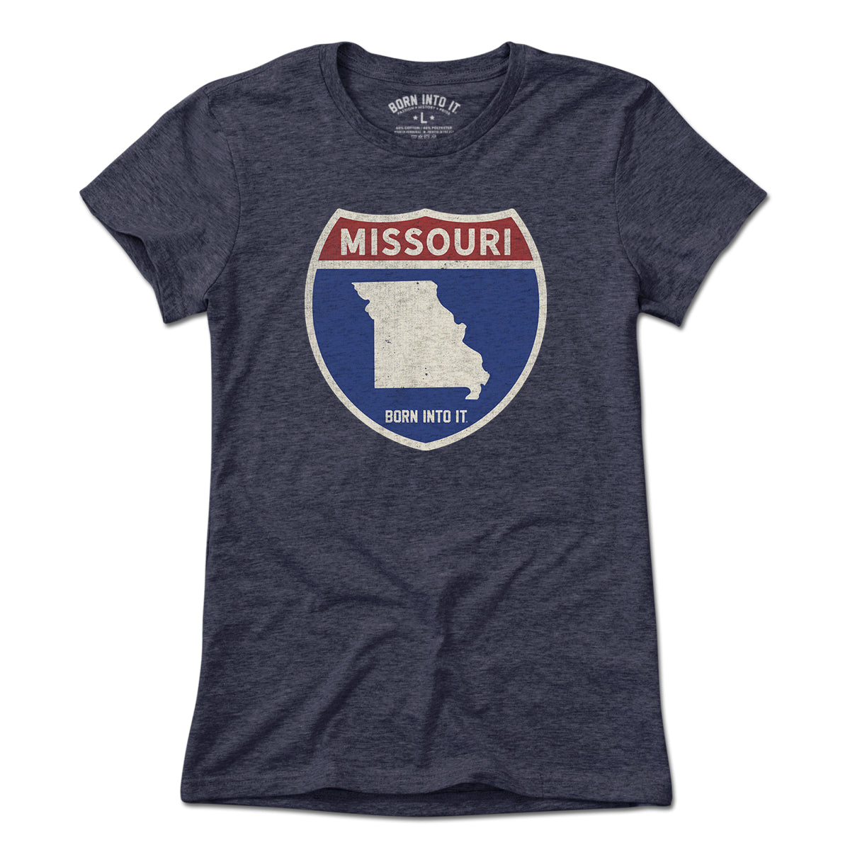 Born Into It Missouri Interstate Sign T-Shirt featuring a highway sign design on a light-colored fabric.