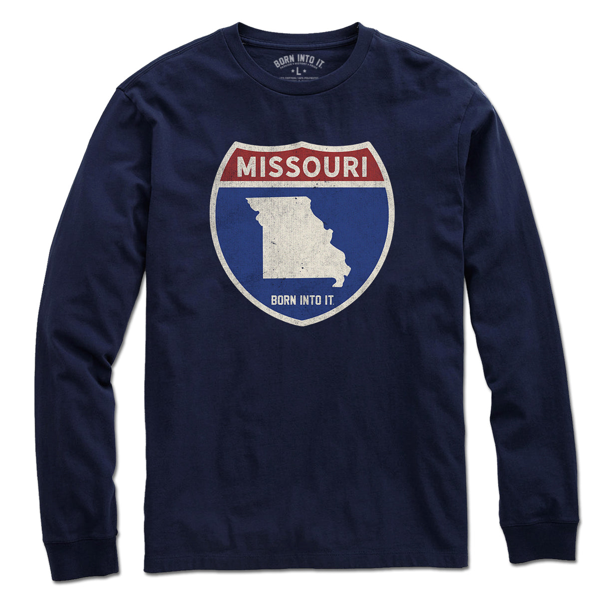 Born Into It Missouri Interstate Sign T-Shirt featuring a graphic of interstate signs on a casual T-shirt.