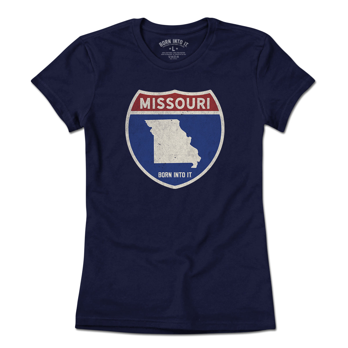 Born Into It Missouri Interstate Sign T-Shirt featuring a graphic of interstate highway signs in a casual style.
