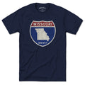 Born Into It Missouri Interstate Sign T-Shirt featuring colorful interstate route graphics on a comfortable cotton tee.