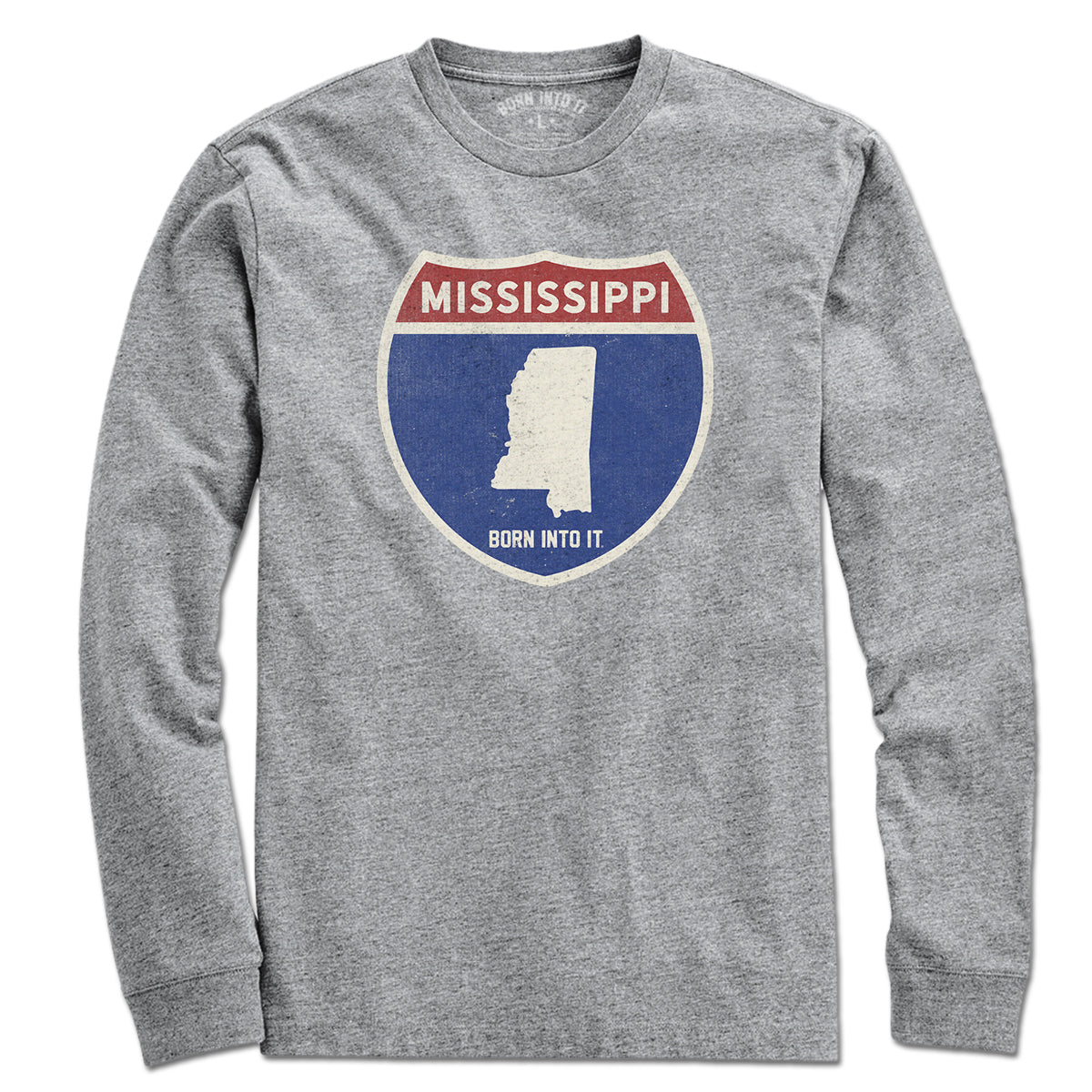 Gray Mississippi Interstate Sign T-Shirt by Born Into It, featuring a highway sign graphic on a casual cotton tee.