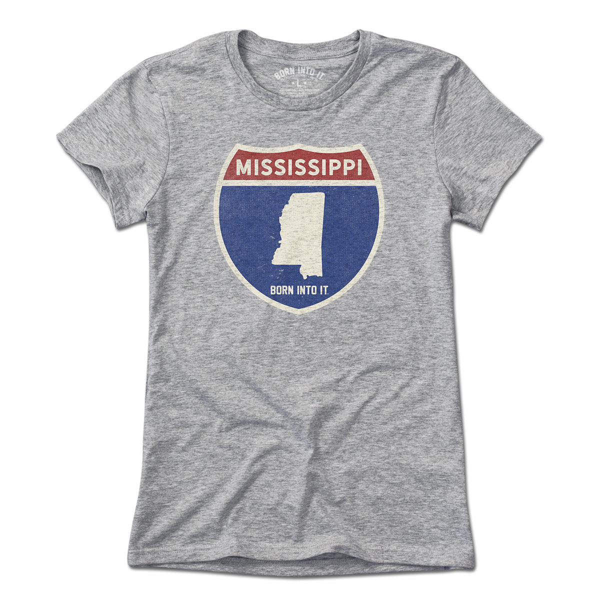 Born Into It Mississippi Interstate Sign T-Shirt in gray, featuring a detailed interstate highway graphic on the front.