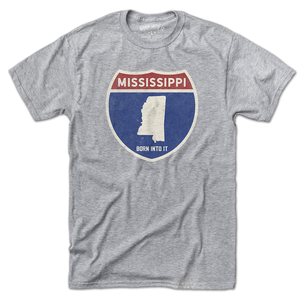 Gray Mississippi Interstate Sign T-Shirt by Born Into It featuring a printed highway sign design.