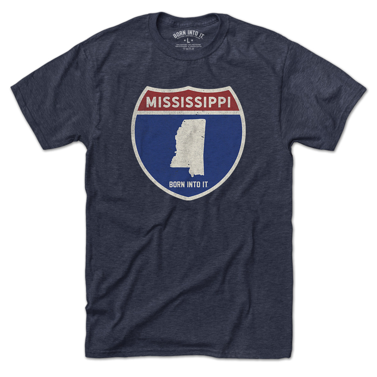 Born Into It Mississippi Interstate Sign T-Shirt featuring a graphic of the interstate sign on a casual black T-shirt.