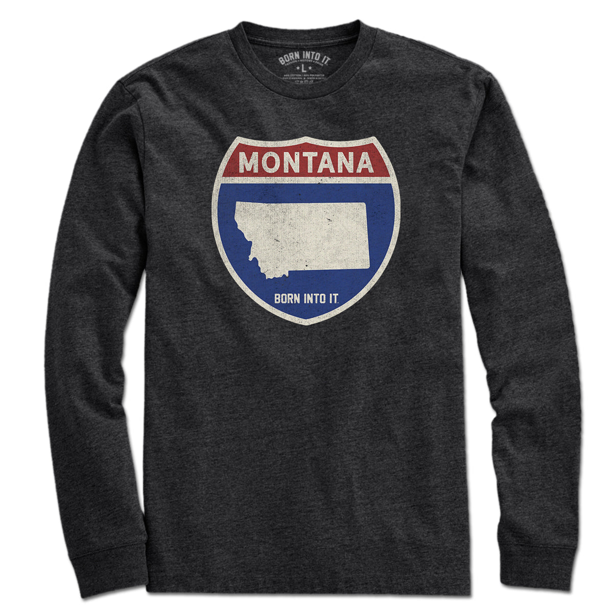 Born Into It Montana Interstate Sign T-Shirt with graphic design, casual fit, and vibrant colors, perfect for outdoor enthusiasts.