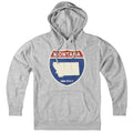 Born Into It Montana Interstate Sign hoodie sweatshirt in gray featuring a bold interstate graphic on the front.
