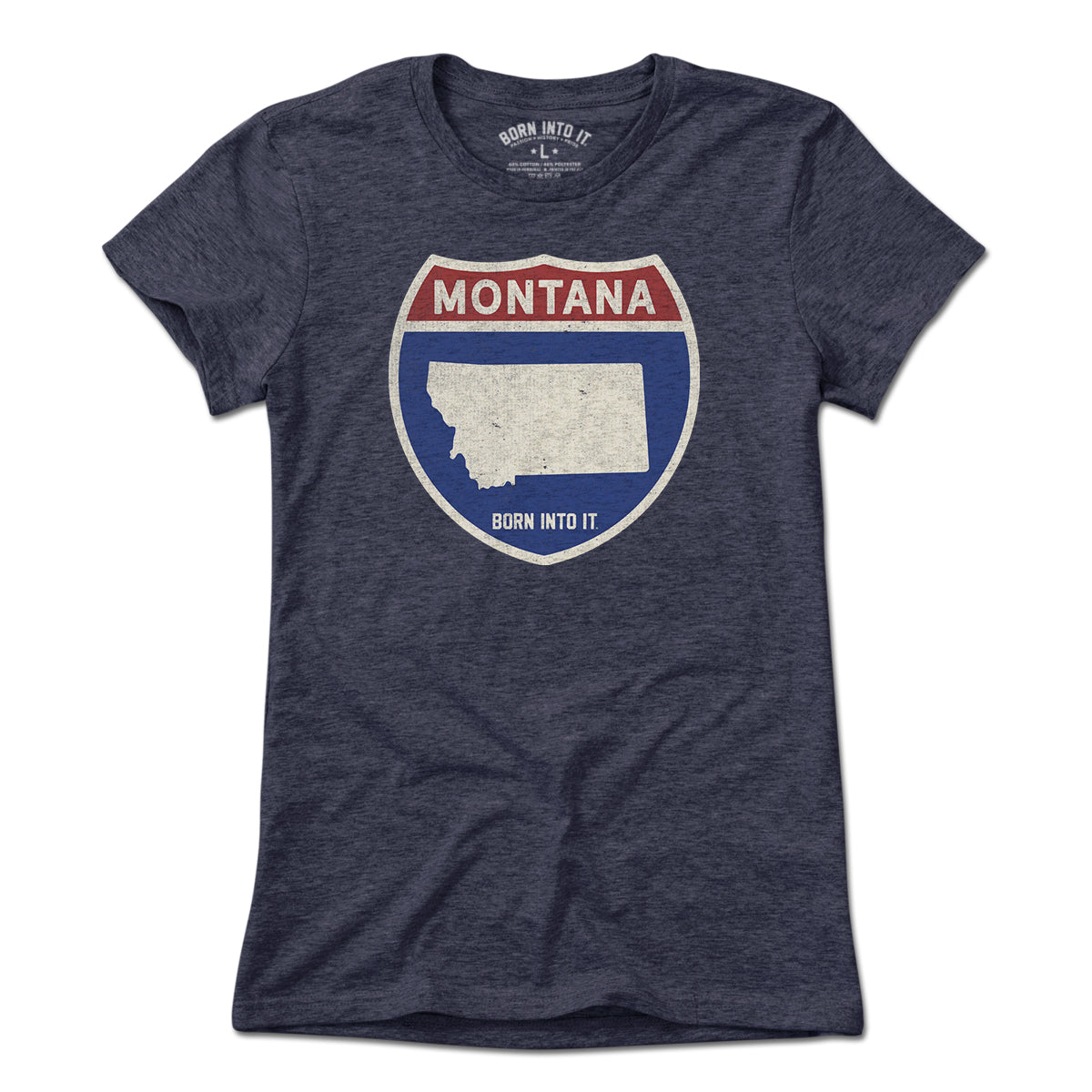 Born Into It Montana Interstate Sign T-Shirt displayed flat, featuring a vintage-style interstate sign graphic on a light-colored T-shirt.