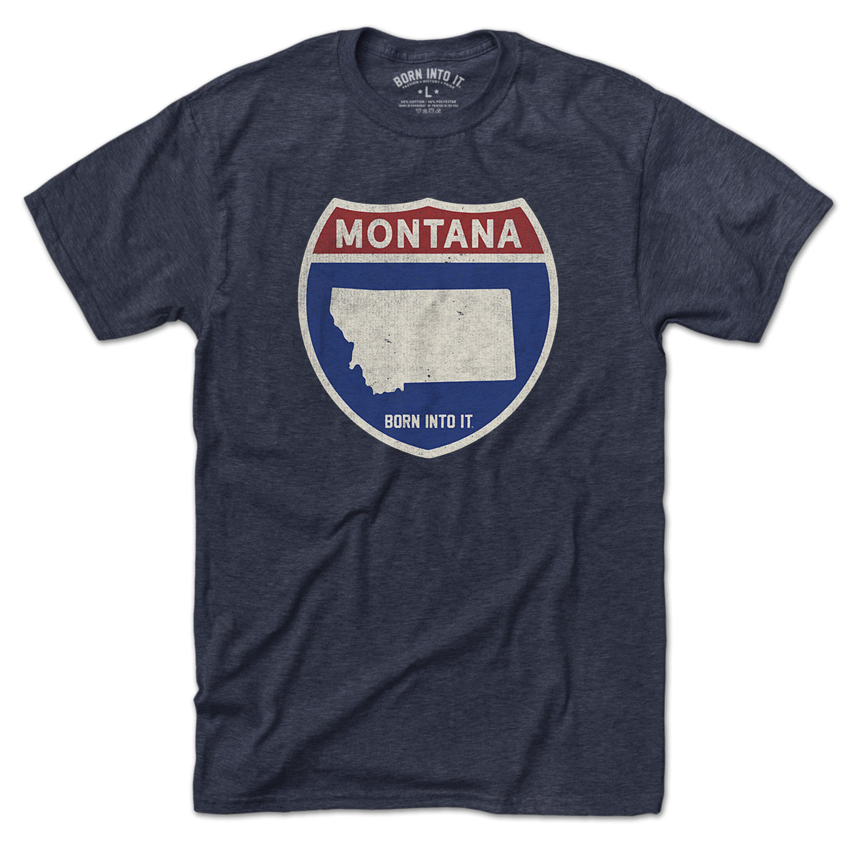 Born Into It Montana Interstate Sign T-Shirt featuring a highway sign design on a black T-shirt.