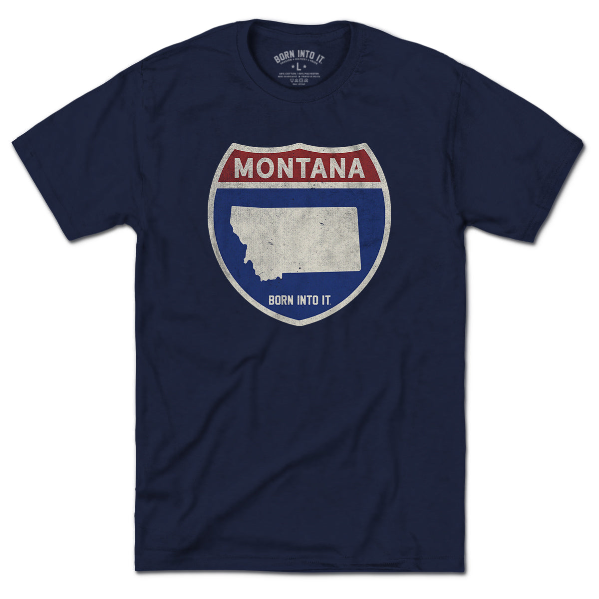 Born Into It Montana Interstate Sign T-Shirt featuring colorful highway signs for New York and Utah on a casual tee.